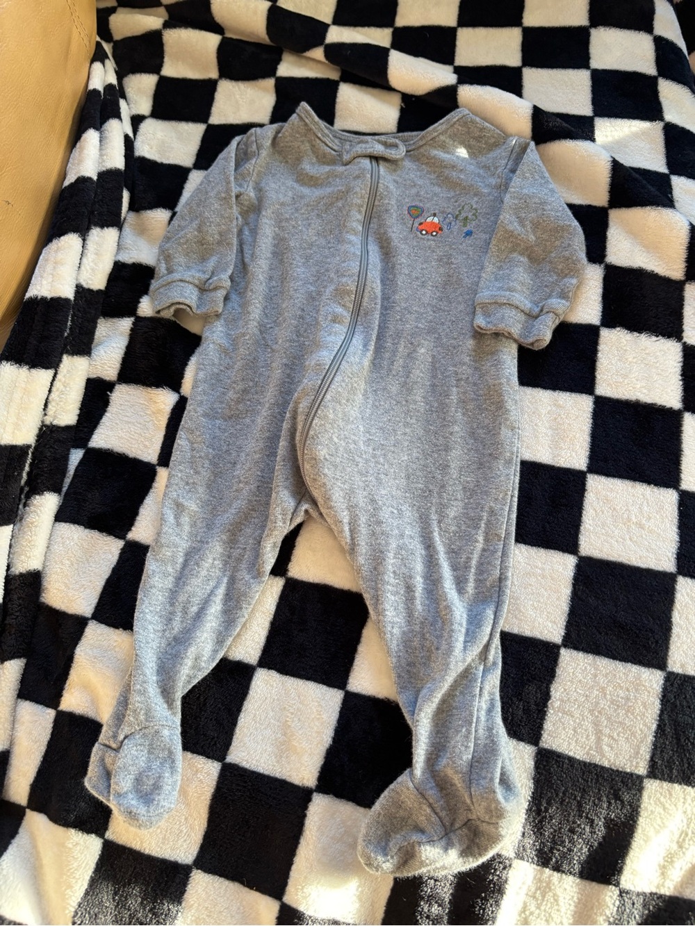 3/6 month grey sleeper from Joe fresh with small car embroidery